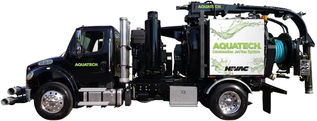 Aquatech combination sewer jetter truck with visible jet/vac system, featuring Hi-Vac signage and hose reel on the side.
