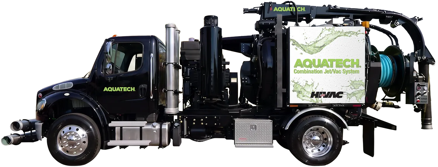 Aquatech combination sewer jetter truck with visible jet/vac system, featuring Hi-Vac signage and hose reel on the side.