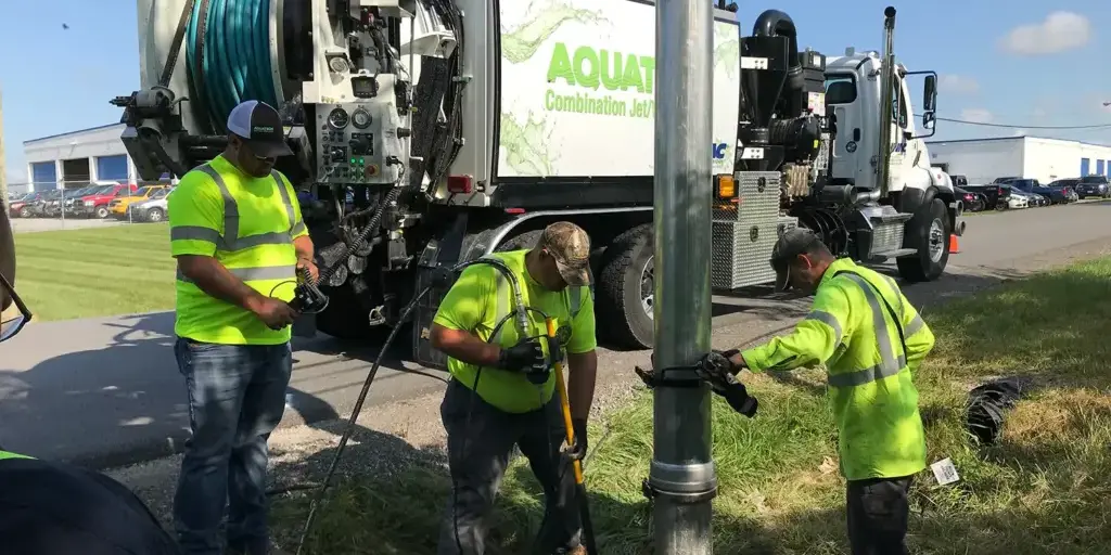 Aquatech Combination Jet truck in use with operators performing sewer cleaning near a utility pole, wearing safety gear.
